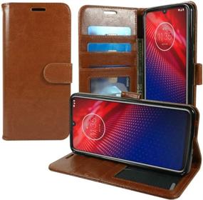 img 3 attached to 📱 Motorola Moto Z4 Case - Slim Folio PU Leather Flip Cover w/ Kickstand, Card Slot, Wrist Strap - Luxury Brown for Moto Z4 5G Verizon