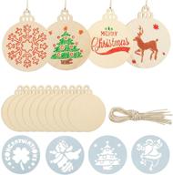 🎄 biubee 40 pcs christmas round wooden discs with holes - unfinished predrilled natural wood slices, and 20 pcs round christmas stencils template for diy crafts and hanging ornaments decoration logo