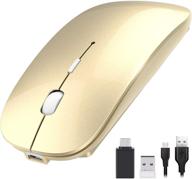 🖱️ okimo rechargeable wireless mouse, 2.4ghz silent computer office slim optical mouse with usb receiver type-c, adjustable dpi for laptop, computer, desktop, notebook, pc - gold logo