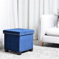 🪑 kinwell 15 inch foldable storage ottoman: tufted wooden lid velvet cube footstool in blue - ideal footrest and rest seat логотип