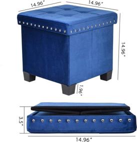 img 1 attached to 🪑 KINWELL 15 Inch Foldable Storage Ottoman: Tufted Wooden Lid Velvet Cube Footstool in Blue - Ideal Footrest and Rest Seat