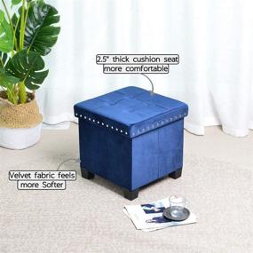 img 3 attached to 🪑 KINWELL 15 Inch Foldable Storage Ottoman: Tufted Wooden Lid Velvet Cube Footstool in Blue - Ideal Footrest and Rest Seat