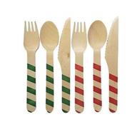 perfect stix picnic kit 48ct - festive red & green holiday striped printed wooden cutlery set (pack of 48) logo