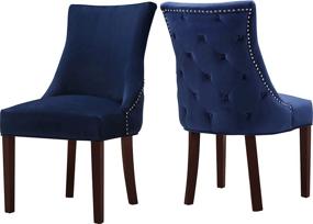 img 3 attached to Stylish Meridian Furniture Hannah Collection: Modern Velvet Upholstered Dining Chair Set with Wood Legs, Button Tufting, and Nailhead Trim - Set of 2 in Navy