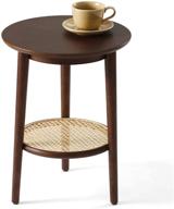 🪑 walnut round side table with storage - stylish end table for small spaces, living room, and bedroom - modern accent bedside table with easy assembly, solid wood legs & natural rattan логотип