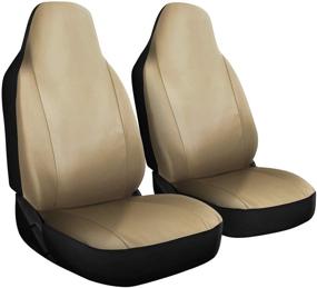 img 4 attached to Universal Fit Car Seat Cover - Two Solid Beige PU Leather Front Low Bucket Seat Set - Ideal for Cars, Trucks, SUVs, Vans - 2 pc Set
