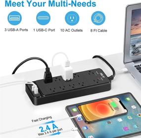 img 3 attached to 💡 USB Power Strip Surge Protector with Fast Charging, Flat Plug and 10 AC Outlets, 4 USB Ports, 1875W/15A, 8ft Extension Cords for Home Office