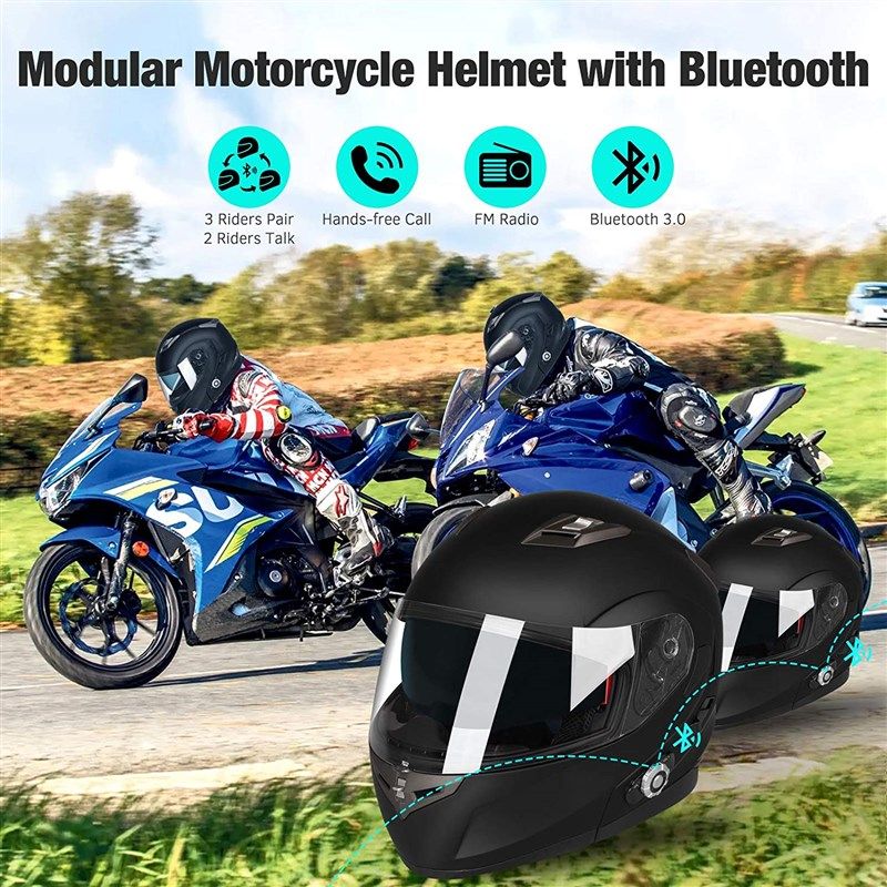 FreedConn Motorcycle Bluetooth Helmet BM2-S Flip Up Modular Bluetooth Motorcycle Helmet Voice Dial Hands-Free Call 500M 2-3 Riders FM Dot Motorcycle