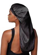 snatched flames double layered satin long bonnet for women with braids, dreadlocks, wigs, or natural hair + satin scrunchie - ultimate hair protection and style in classic black logo