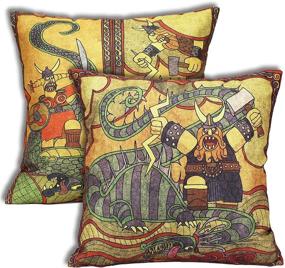 img 4 attached to 🛋️ Vibrant Yellow Viking Myth Decorative Throw Pillow Covers - Set of 2, 18x18 inch for Couch, Bed & Sofa - Artistic Retro Square Cushion Cases for Living Room & Outdoor Décor