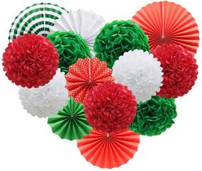 img 4 attached to 🎉 Vibrant Red White Green Hanging Party Decorations for Christmas, Birthdays, Weddings - Round Paper Fans, Pom Poms & Floral Accents
