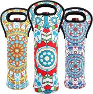 🍷 durable neoprene wine carrier tote bag with bohemian flower design - stylish and protective transport bag for champagne bottles - geometric patterned bottle holder - ideal for travel (bohemian-set of 3) логотип