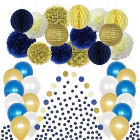 img 4 attached to Nautical Baby Shower Party Decorations Kit - Navy Blue, Gold, Cream. Tissue 🚢 Pom Poms, Honeycomb Lanterns, Balloons, Garland. Perfect for Birthdays, Bridal Showers, Retirement, and Anniversaries!