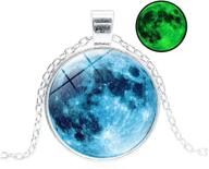 🌙 huno blue magical glow in the dark full moon link chain universe galaxy pendant necklace - white gold plated unisex luminous jewelry gift logo