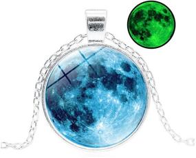 img 1 attached to 🌙 HUNO Blue Magical Glow in The Dark Full Moon Link Chain Universe Galaxy Pendant Necklace - White Gold Plated Unisex Luminous Jewelry Gift