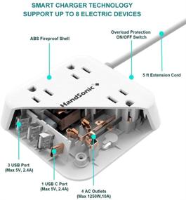 img 3 attached to Компактная силовая полоса HANDSONIC с портами USB - устанавливаемый плоский продлительный кабель для нескольких устройств, 4 розетки, 3 порта USB-A, 1 порт USB-C, кабель длиной 5 футов - идеальная зарядная станция для дома, офиса, общежития и путешествий.