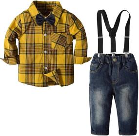 img 4 attached to 👔 Gentleman Easter Outfit | 4Pcs Plaid Shirt + Bowtie + Suspender Pant Set for Boys