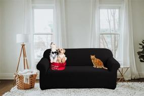 img 2 attached to 🛋️ Lavacika Stretch Sofa Slipcover Couch Cover for 3 Cushion Couch - Black, Furniture Protector with Elastic Bottom - Spandex Jacquard Fabric, Small Checks - Ideal for Dogs and Pets