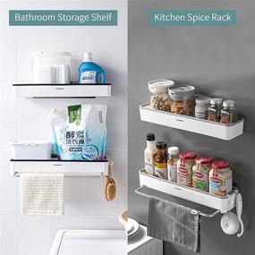 img 3 attached to 🛁 Wall-Mounted Adhesive Shower Caddy Shelf with Towel Hanger - No Drilling | Storage Organizer, Spice Rack, Movable Hooks | 2 Pack