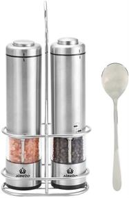 img 3 attached to 🧂 Brushed Stainless Steel Electric Salt and Pepper Grinder Set with Metal Stand, Battery Operated Salt & Pepper Mills with LED Light by aLBeDo