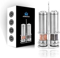 🧂 brushed stainless steel electric salt and pepper grinder set with metal stand, battery operated salt & pepper mills with led light by albedo logo