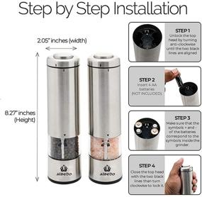 img 1 attached to 🧂 Brushed Stainless Steel Electric Salt and Pepper Grinder Set with Metal Stand, Battery Operated Salt & Pepper Mills with LED Light by aLBeDo