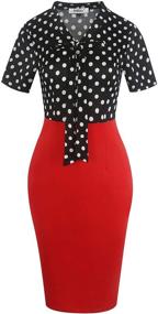 img 3 attached to Sakaly Women's Patchwork Dot Floral Printed V-Neck Sheath Pencil Midi Dress with Bow - SK299