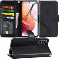 📱 black wallet case for samsung galaxy s21 - arae flip cover with card holder, wrist strap - 6.2-inch logo