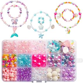 img 4 attached to 📿 OSNIE DIY Bead Jewelry Making Kit for Kids Girls with Mermaid, Starfish, Shell, Unicorn, Rainbow, Butterfly, Heart, Pearl Charms Beads for Bracelets, Rings, Necklaces - Creativity Beading Kits Art Craft, 400Pcs+