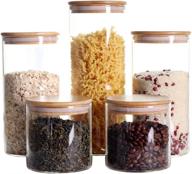 set of 5 stackable glass kitchen canisters with bamboo lid - airtight food storage jars for rice, pasta, flour, sugar, nuts, candy, cookies logo