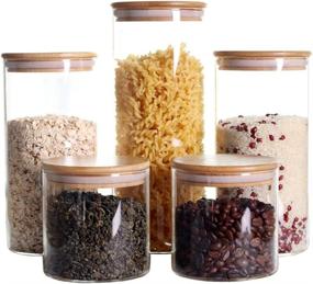 img 4 attached to Set of 5 Stackable Glass Kitchen Canisters with Bamboo Lid - Airtight Food Storage Jars for Rice, Pasta, Flour, Sugar, Nuts, Candy, Cookies