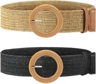 stylish 2-piece women straw woven elastic stretch waist belt with wooden style buckle logo