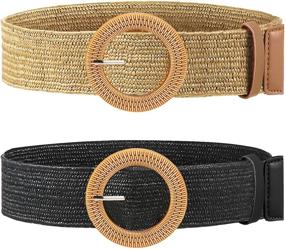 img 4 attached to Stylish 2-Piece Women Straw Woven Elastic Stretch Waist Belt with Wooden Style Buckle