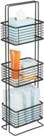 🛁 mdesign 3 tier vertical standing bathroom shelving unit, decorative metal storage organizer tower rack with 3 basket bins for tissue, hand soap, toiletries - matte black logo