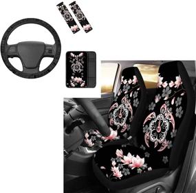 img 4 attached to INSTANTARTS Boho Flowers Turtle Tribal Printed Steering Wheel Cover Armrest Covers 2 Seat Cushions 2 Seat Belt Pads