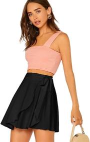 img 3 attached to 👗 SheIn Women's Casual Skater Flared Wrap Short Skirt with Self-Belted Overlap & Elastic Waist