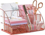 📎 multi-functional mesh office desk organizer, rose gold supplies holder with 6 compartments & drawer – ideal for organizing desk accessories and office supplies logo