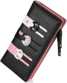 img 4 attached to 🐱 Cute Cat Wallet: Women's Bifold Long Purse with Zipper Black - Coin Purse for All Your Essentials