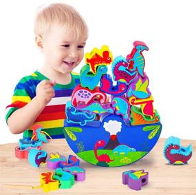 img 4 attached to Dinosaur Wooden Blocks Stacking Lacing Toys for 2 Year Old Boys, Toddler Activities Ages 2-4 - STEM Educational Montessori Toys for 3-7 Year Old Boys and Girls