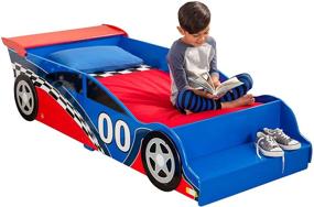 img 4 attached to 🏎️ Деревянная детская кроватка KidKraft Red and Blue Racecar с встроенной скамейкой, боковыми ограждениями - отличный подарок для малышей от 15 месяцев+