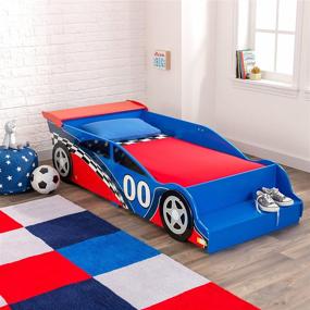 img 1 attached to 🏎️ Деревянная детская кроватка KidKraft Red and Blue Racecar с встроенной скамейкой, боковыми ограждениями - отличный подарок для малышей от 15 месяцев+