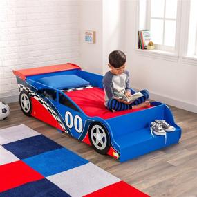 img 2 attached to 🏎️ Деревянная детская кроватка KidKraft Red and Blue Racecar с встроенной скамейкой, боковыми ограждениями - отличный подарок для малышей от 15 месяцев+