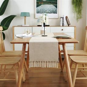 img 2 attached to Chassic 13 x 90 inch Farmhouse Style Cotton Linen Table Runner with Handmade Fringed, Fall 🍁 Rustic Jute Burlap Table Runner - 90 Inches Long for Dining Room, Dresser Decor - Waffle Pattern