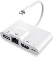 🔌 4-in-1 lightning to rj45 ethernet otg digital av adapter hdmi lan network usb hub, 1080p sync screen converter with charger cable for iphone 12/11/usb on hdtv/projector/monitor (white) logo