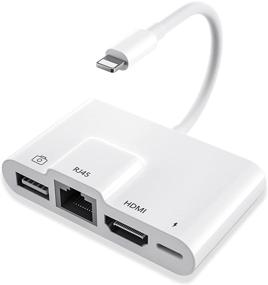 img 4 attached to 🔌 4-in-1 Lightning to RJ45 Ethernet OTG Digital AV Adapter HDMI LAN Network USB Hub, 1080P Sync Screen Converter with Charger Cable for iPhone 12/11/USB on HDTV/Projector/Monitor (White)