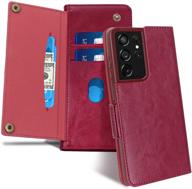 fyy magnetic closure luxury leather wallet case for samsung galaxy s21 ultra 5g 6.8”, flip folio cover with front card slots - wine red logo