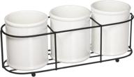 creative co-op set of 3 white ceramic crocks in black metal holder: organize and decorate with style логотип