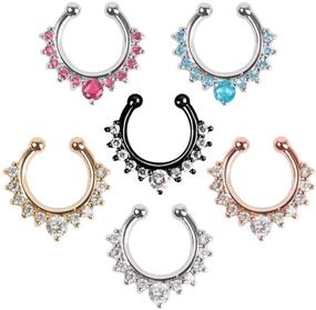 img 4 attached to 💎 Sparkling 6pcs Rhinestone Fake Septum Clicker Nose Rings - Non-Piercing Hanger Clip Body Jewelry