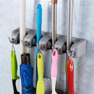 togu mop and broom holder - wall mounted 4 position storage rack with 5 retractable hooks | holds up to 9 tools | weatherproof utility holder for garage storage systems | gray broom organizer logo