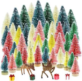 img 4 attached to 🌲 Yookat 51Pcs Mini Pine Trees - Artificial Trees with Wood Base - Sisal Trees Bottle Brush Trees Assorted Colors and Deer Boxes - Winter Snow Ornaments for Christmas Decoration